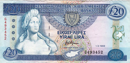 CYPRUS 20 POUNDS 1993 VF-EXF P-56b  "free Shipping Via Registered Air Mail" - Zypern