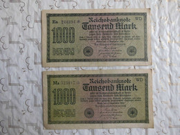 Lot  Billet Reichsbanknote 1000 Mark 15 Septembre 1922 Séries Petits Chiffres Noir + étoile - 1000 Mark