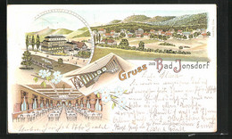 Lithographie Bad Jonsdorf, Restaurant Bad Jonsdorf Mit Saalansicht, Ortsansicht - Jonsdorf