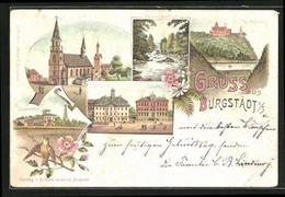 Lithographie Burgstädt I. S., Kirche, Rathaus, Schule - Burgstaedt