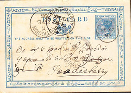 British CEYLON Post Card W/ Imprinted Blue Stamp 2 Cents, Sent In 1895 To PONDICHERRY India - Ceylan (...-1947)