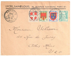 PARIS 91 Lettre Entête Lycée St LOUIS 8F Gandon Blason Savoie Auvergne Anjou Yv 810 836 837 838 Ob 27 12 1949 - Lettres & Documents