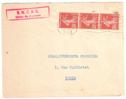 BOURGES Cher Lettre Entête SNCAC 30c Semeuse Rouge Sombre Bande De 3 Yv 360 Ob Meca 20 2 1939 - Storia Postale