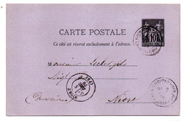 Entier CP Sur Lilas--1879--10c Type Sage--de Rochefort/mer-17  Pour Niort--79 -cachets Niort-79  Et Rochefort -17 - Cartes Postales Types Et TSC (avant 1995)
