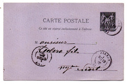 Entier CP Sur Lilas--1879--10c Type Sage--de Jarnac -16  Pour Niort--79 - Cachets Niort-79  Et  Jarnac-16 - Standard Postcards & Stamped On Demand (before 1995)