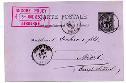 Entier CP Sur Lilas--1883--10c Type Sage--de Libourne-33  Pour Niort--79 - Cachets Niort-79  Et  Libourne-33 - Cartes Postales Types Et TSC (avant 1995)