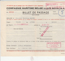 C.M.B.PAQUEBOT ELISABETHVILLE BILLET DE PASSAGE VOYAGE DE JANVIER 1953 - 1950 - ...
