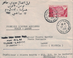 TUNISIE - 1er LIAISON AERIENNE TUNIS-LAGOS - 17-1-1961 - PAR KLM DIRECT - VERSO LAGOS G.P.O.. - Tunisie (1956-...)