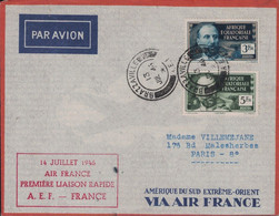 CONGO - BRAZZAVILLE - 1er LIAISON RAPIDE AEF-FRANCE - 14 JUILLET 1946 - AFFRANCHISSEMENT AVEC LE 5F ET 3F. - Covers & Documents