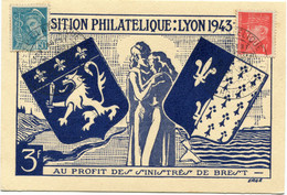 FRANCE CARTE POSTALE DE L'EXPOSITION PHILATELIQUE LYON 1943 AU PROFIT DES SINISTRES DE BREST AVEC CACHET EXPon ......... - 1938-42 Mercurius