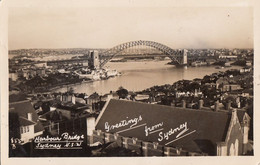 493 – Real 1941 B&W Photo RPPC – Greetings From Sydney Australia – Harbour Bridge Houses – VG Condition - Stamp Postmark - Sydney