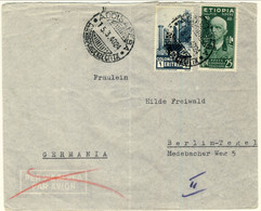 Etiopia 1940 Lettera Privata Addis Abeba-Germania Affrancata Con Il C. 25 Verde N. 3 E Eritrea L. 1 N. 209 - Etiopía