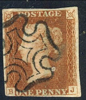 Gran Bretagna 1841 Unif. N. 3 P. 1 Bruno Rosso Lettere BJ, Quattro Margini Annullo Croce Di Malta - Gebraucht