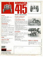 Fiche Publicitaire, Format 21 X 27 Cm Tracteur "Someca 415 Grand Dégagement" Caractéristiques Techniques - SIMCA - Traktoren