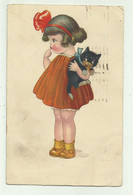 BAMBINA CON CUCCIOLO DI GATTO ILLUSTRATA -  VIAGGIATA   FP - 1900-1949