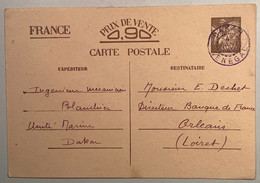 "DAKAR SENEGAL 1941" Cad RARE EN VIOLET Sur France Entier Postal Carte Interzone Type Iris (WW2 War Guerre 1939-1945 - Sonderganzsachen