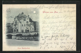 Mondschein-AK Aue, Gasthaus Zum Muldenthal - Aue