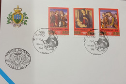 A) 1994, SAN MARINO, CHRISTMAS, FDC, V CENTENARY OF THE DEATH OF GIOVANNI SANTI, XF - Lettres & Documents