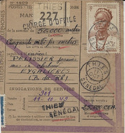 1949- MANDAT-CARTE  De THIES    -taxe 3  F. -étiquette Rose , CHARGE D'OFFICE - Lettres & Documents