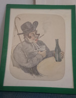 CARICATURE D UN ABBE BUVANT ET FUMANT - RELIGIEUX - DESSIN AQUARELLE PEINTURE ET CRAYON 11*14 CM PAR LA BAZ? - Acquarelli