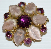 BROCHE FANTAISIE RONDE PIERRES TAILLEES CRISTAL / VERRE FEUILLES BIJOU VINTAGE - Broches