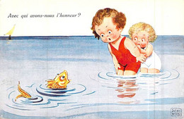 Carte Fantaisie Dessinée Deux Petites Filles Dans La Mer Devant Un Poisson - Wills, John