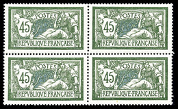 N°143 ** Merson 45c: Couleur Vert-noir Et Bleu Foncé En Bloc De Quatre, Très Bon Centrage, SUP (certificat) - Neufs