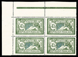 N°143 ** Merson, 45c VERT-SAUGE En Bloc De Quatre Coin De Feuille, Très Jolie Nuance (certificat) - Unused Stamps