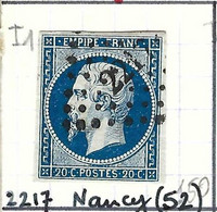 FRANCE Classique: Le Y&T 14Ab (bleu-noir), Obl. PC 2217 (Nancy, Ind.1), MEURTHE-ET-MOSELLE, CIEL "éTOILé" - 1853-1860 Napoléon III
