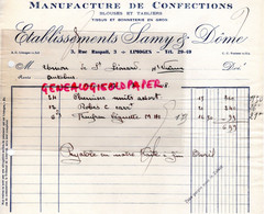 87- LIMOGES- FACTURE ETS. SAMY & DOME- MANUFACTURE CONFECTIONS-BONNETERIE- BLOUSE-3 RUE RASPAIL- 1938 - Kleidung & Textil