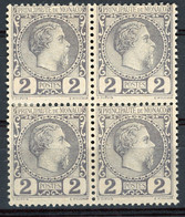 MONACO N°2 COTE 400 € BLOC DE QUATRE Du 2 Ct Violet Gris CHARLES III Neufs (2 Timbres ** MNH Et 2 Timbres * MH). TB - Nuovi