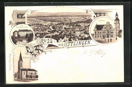 Lithographie Ettlingen, Gesamtansicht Mit Rathaus Und Kirche - Ettlingen