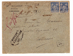 Lettre 1891 Musset Notaire Bordeaux Gironde Retour à L'Envoyeur Sage 15 Centimes Papier Spécial Huissier - 1876-1898 Sage (Type II)