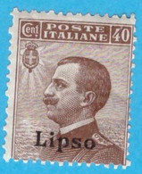 EGLI009 EGEO LIPSO 1912 FBL D'ITALIA SOPRASTAMPATI LIPSO CENT 40 SASSONE NR 6 NUOVO MNH ** - Ägäis (Lipso)