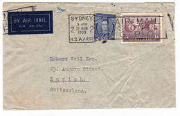 Lettre Australie 1939 Sydney Australia Air Mail Zurich Switzerland Suisse - Covers & Documents