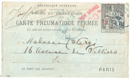 PARIS 11 AV OPERA Entier Postal Carte Lettre Pneumatique 50c Chaplain Noir Dos 5 Lignes Mill 128 Yv 2564 E26 Ob 1902 - Neumáticos