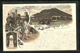 Lithographie Görlitz, Restaurant Landeskrone Mit Burg, Ritter Mit Fahne, Körner Denkmal - Goerlitz