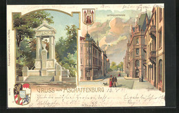 Präge-Lithographie Aschaffenburg, Blick In Die Luitpoldstrasse, Monumentalbrunnen - Aschaffenburg
