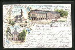 Lithographie Hanau, Kurhaus Wilhelmbad, Frankfurter Tor, Johanneskirche - Hanau