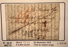 "P55P METZ" Lettre 1816>GRAZ RÜCKERLBERG STEIERMARK ÖSTERREICH(France Moselle Autriche Transitpost Vorphila Brief Cover - 1801-1848: Vorläufer XIX