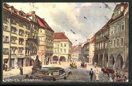 Künstler-AK Görlitz, Untermarkt Mit Geschäften Und Brunnen - Goerlitz