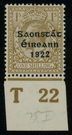 Ireland 1922 Irish Free State Ovpt. On 1/- Bistre-brown With Control No. In Bottom Margin, MH * Orig. Gum, Fault-free - Nuevos