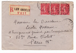 Lettre Recommandée 1920 Les Andelys Eure Semeuse 50c Bande De 3 - 1903-60 Semeuse Lignée