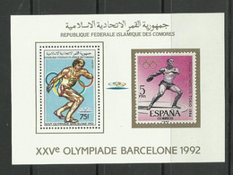 COMORES 1987 - OLYMPICS BARCELONA 92 - ATLETISMO - LANZAMIENTO DE DISCO - BF CON SELLO RECORDATORIO - Comores (1975-...)