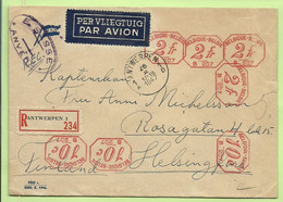 Roodfrankeering 2Fr (x4)+10c (x3) Op Brief Aangetekend Per Luchtpost (avion) ANTWERPEN Naar Helsingfors (Finland  (B9294 - ...-1959