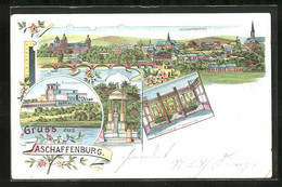 Lithographie Aschaffenburg, Monumentalbrunnen, Pompejanum, Wintergarten - Aschaffenburg