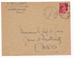 Lettre 1949 Saint André Lez Lille Nord Marianne De Gandon 6 Francs Paris Gare D'Austerlitz Mulleman - 1945-54 Marianna Di Gandon