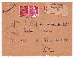 Lettre Recommandée 1946 Quesnoy Sur Deule Nord Marianne De Gandon 6 Francs  + 3 Francs - 1945-54 Marianne (Gandon)