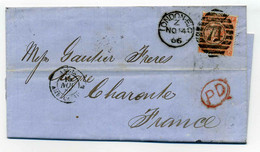 Lettre De LONDRES Avec Marque D'entrée Angleterre Ambulant Par Calais  Brigade E / 1866 / YT N°32 - Entry Postmarks
