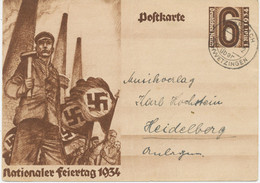DT.REICH 1934, „KIRRLACH / über / SCHWETZINGEN“ K2 (jetzt WAGHÄUSEL) Auf Sonderpostkarte Zum 1.Mai 1934 Nach Heidelberg - Covers & Documents